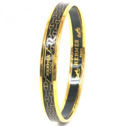 Pre Owned Hermes Narrow Black Gold Printed Enamel Bracelet