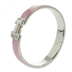 Pre Owned Hermes Clic-Clac H Pink Enamel Palladium Plated Bracelet PM