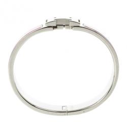 Pre Owned Hermes Clic-Clac H Pink Enamel Palladium Plated Bracelet PM
