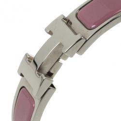 Pre Owned Hermes Clic-Clac H Pink Enamel Palladium Plated Bracelet PM