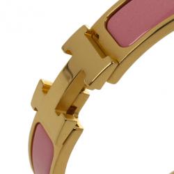 Pre Owned Hermes Clic-Clac H Pink Enamel Gold Plated Bracelet PM
