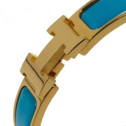 مملوكة مسبقًا Hermes Clic-Clac H Indian Blue Enameld Gold Plated Bracelet PM