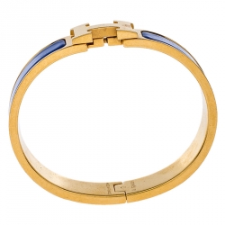 Pre Owned Hermes Clic H Blue Enamel Gold Plated Narrow Bracelet PM