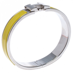 Pre Owned Hermes Clic Clac H Yellow Enamel Palladium Plated Narrow Bracelet PM