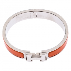 Pre Owned Hermes Clic H Orange Enamel Palladium Plated Bracelet PM