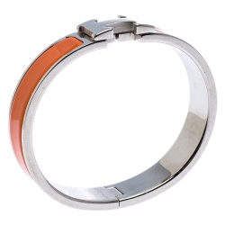 Pre Owned Hermes Clic H Orange Enamel Palladium Plated Bracelet PM
