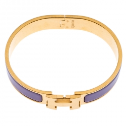 Pre Owned Hermes Clic H Purple Rose Cendré Enamel Gold Plated Bracelet GM