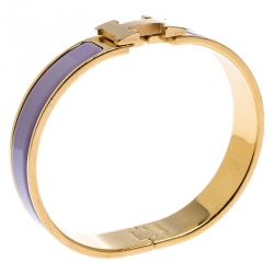 Pre Owned Hermes Clic H Purple Rose Cendré Enamel Gold Plated Bracelet GM