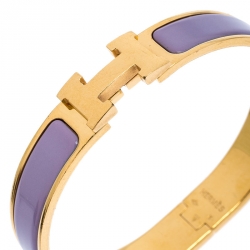 Pre Owned Hermes Clic H Purple Rose Cendré Enamel Gold Plated Bracelet GM