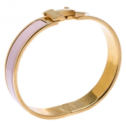 Pre Owned Hermès Clic H Pink Enamel Gold Plated Narrow Bracelet GM