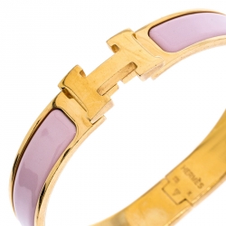 Pre Owned Hermès Clic H Pink Enamel Gold Plated Narrow Bracelet GM