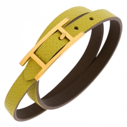 Hermes Lime Green and Grey Leather Behapi Reversible Double Tour Bracelet M