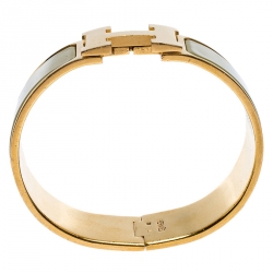 Pre Owned Hermes Clic Clac H Green Enamel Gold Plated Wide Bracelet GM