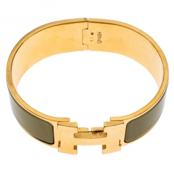 Pre Owned Hermes Clic Clac H Green Enamel Gold Plated Wide Bracelet GM