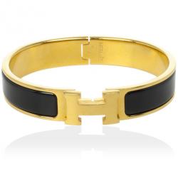 Pre Owned Hermes Clic H Black Enameled Gold Plated Bracelet