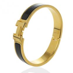 Pre Owned Hermes Clic H Black Enameled Gold Plated Bracelet