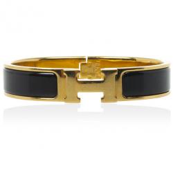 Pre Owned Hermes Clic H Black Enameled Gold Plated Bracelet