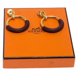 Pre Owned Hermès Gold Plated Barenia Leather Loop Earrings