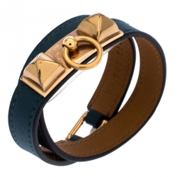 Pre Owned Hermes Teal Green Leather Rivale Double Tour Bracelet S
