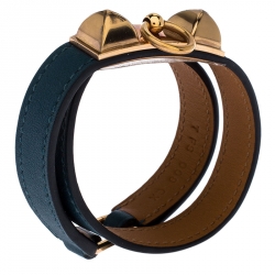 Pre Owned Hermes Teal Green Leather Rivale Double Tour Bracelet S