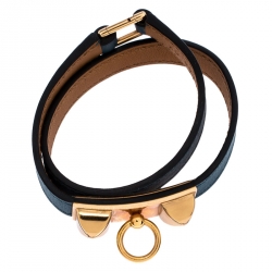 Pre Owned Hermes Teal Green Leather Rivale Double Tour Bracelet S