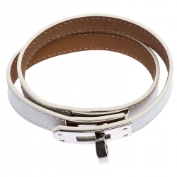 Pre Owned Hermes Kelly Double Tour White Leather Palladium Plated Wrap Bracelet M