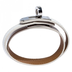 Pre Owned Hermes Kelly Double Tour White Leather Palladium Plated Wrap Bracelet M