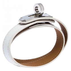 Pre Owned Hermes Kelly Double Tour White Leather Palladium Plated Wrap Bracelet M