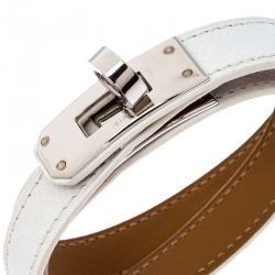 Pre Owned Hermes Kelly Double Tour White Leather Palladium Plated Wrap Bracelet M