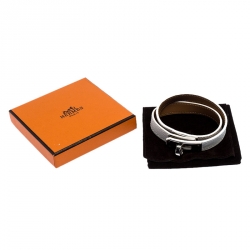 Pre Owned Hermes Kelly Double Tour White Leather Palladium Plated Wrap Bracelet M