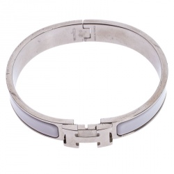 Pre Owned Hermès Clic H White Enamel Palladium Plated Narrow Bracelet GM