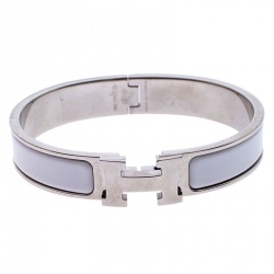 Pre Owned Hermès Clic H White Enamel Palladium Plated Narrow Bracelet GM