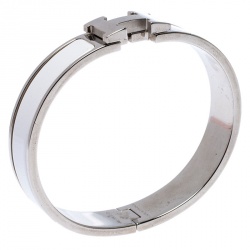 Pre Owned Hermès Clic H White Enamel Palladium Plated Narrow Bracelet GM