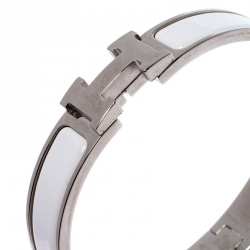 Pre Owned Hermès Clic H White Enamel Palladium Plated Narrow Bracelet GM