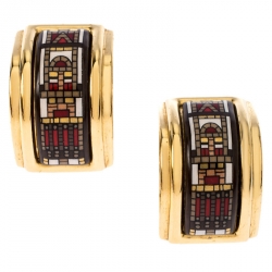Pre Owned Hermes Printed Enamel Inlay Gold Plated Clip-on Earrings