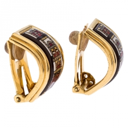 Pre Owned Hermes Printed Enamel Inlay Gold Plated Clip-on Earrings