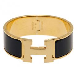 Pre Owned Hermes Clic Clac H Wide Gold-Plated Blue Enamel Bracelet PM