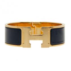 Pre Owned Hermes Clic Clac H Wide Gold-Plated Blue Enamel Bracelet PM