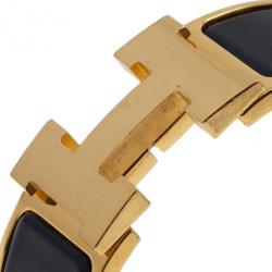 Pre Owned Hermes Clic Clac H Wide Gold-Plated Blue Enamel Bracelet PM