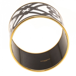 Pre Owned Hermes Monochrome Printed Enamel Gold Plated Extra Wide Bangle Bracelet