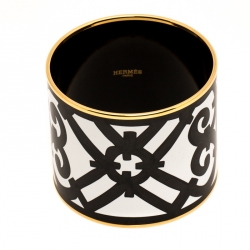 Pre Owned Hermes Monochrome Printed Enamel Gold Plated Extra Wide Bangle Bracelet