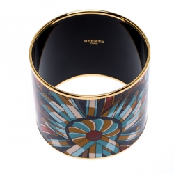 Pre Owned Hermes Multicolor Printed Enamel Gold Plated Extra Wide Bangle Bracelet