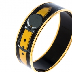 Pre Owned Hermes Black Printed Enamel Gold Plated Wide Bangle Bracelet