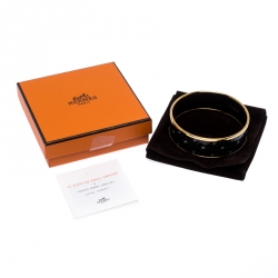Pre Owned Hermes Black Printed Enamel Gold Plated Wide Bangle Bracelet
