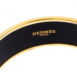 Pre Owned Hermes Black Printed Enamel Gold Plated Wide Bangle Bracelet