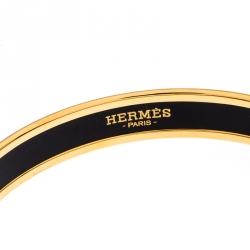 Pre Owned Hermes Caleche Yellow Enamel Gold Plated Narrow Bangle Bracelet 