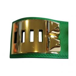 Pre Owned Hermès Collier de Chien Calfskin Green Leather Gold Plated Bracelet