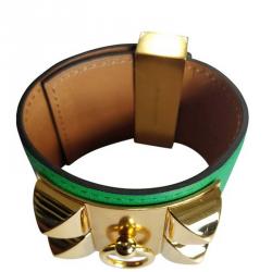 Pre Owned Hermès Collier de Chien Calfskin Green Leather Gold Plated Bracelet