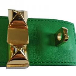 Pre Owned Hermès Collier de Chien Calfskin Green Leather Gold Plated Bracelet