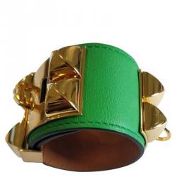 Pre Owned Hermès Collier de Chien Calfskin Green Leather Gold Plated Bracelet